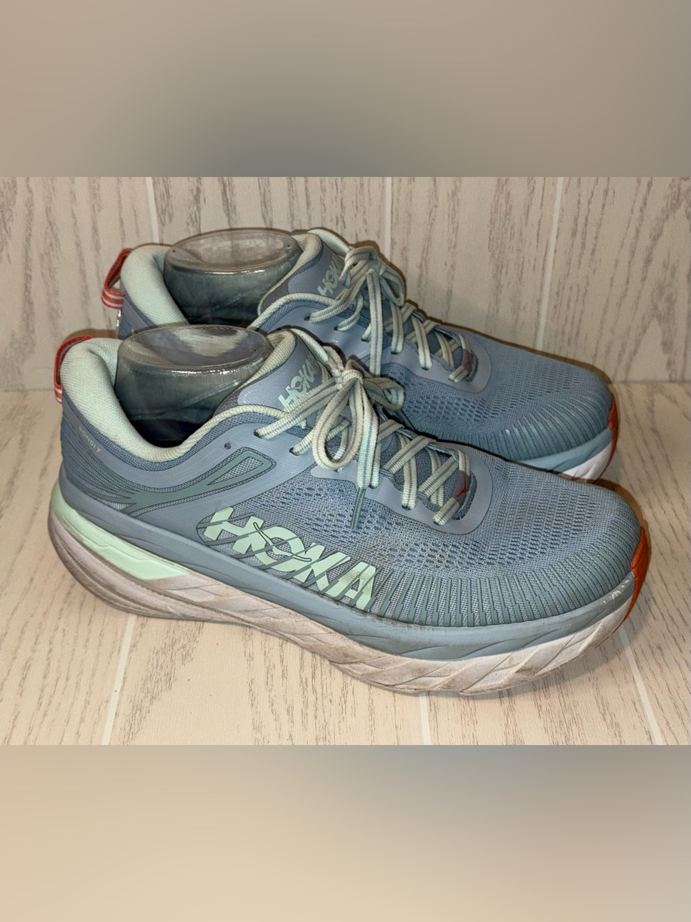 Hoka One One Bondi 7 Womens Sz 10.5 Blue Fog / Blue Glass White Orange Sneakers